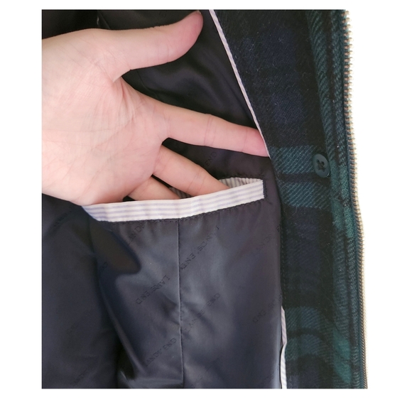 Vintage Lands End Wool Blend Duffle Coat Women L/XL Navy Green Tartan Plaid Hood - Picture 9 of 13